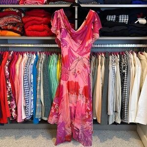 Signature by Robbie Bee pink/purple/red floral short sleeve cowl neck dress 12